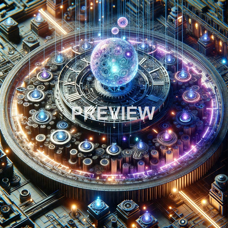 A highly detailed, futuristic cityscape with glowing, intricate mechanical and digital elements, featuring a central luminous sphere surrounded by gears and glowing orbs.